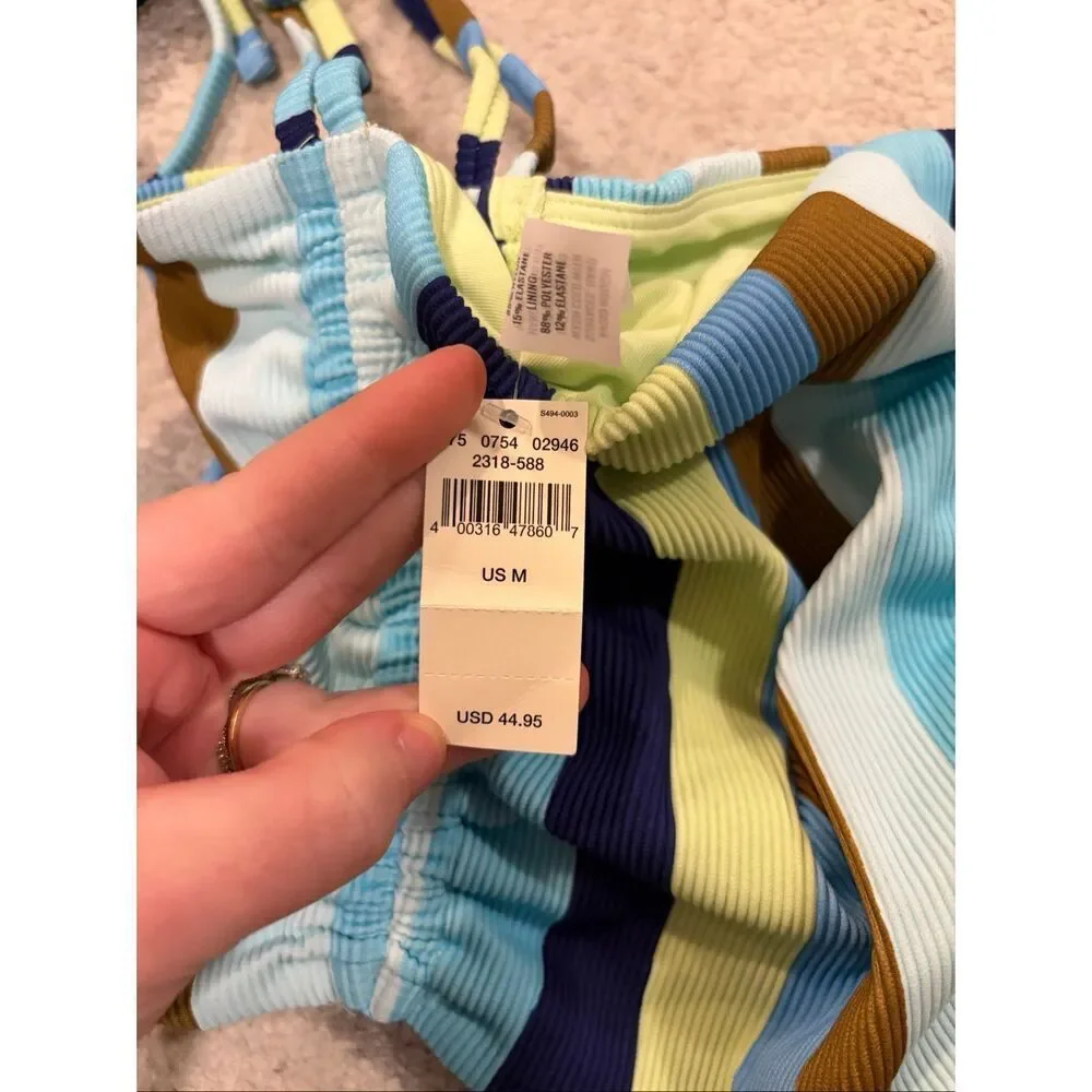 NWT Aerie Ribbed Longline Bandeau Bikini Top Blue Green Stripe Tie Straps Size M